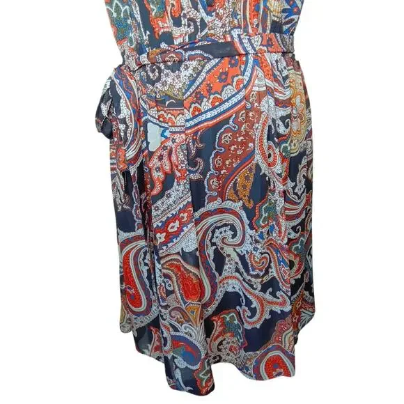 db established 1962 Paisley Tie Waist Pleated Boho Short Sleeve Dress - 14 - Picture 3 of 12